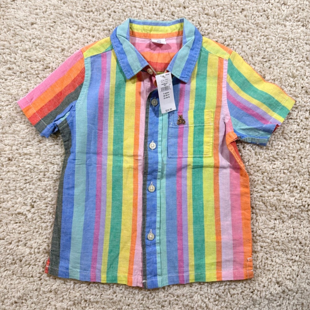 NWT Baby Gap Rainbow Stripe Linen Blend Short Sleeve Button Down Shirt 3T